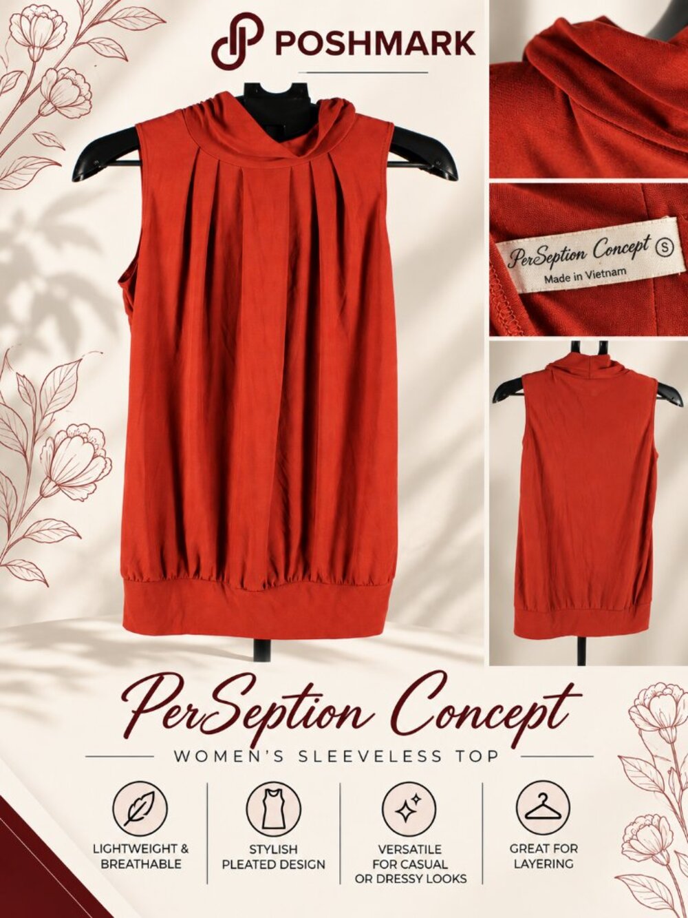 PerSeption Concept Womens Small Rust Orange Sleeveless Cowl Mock Neck Pleated To